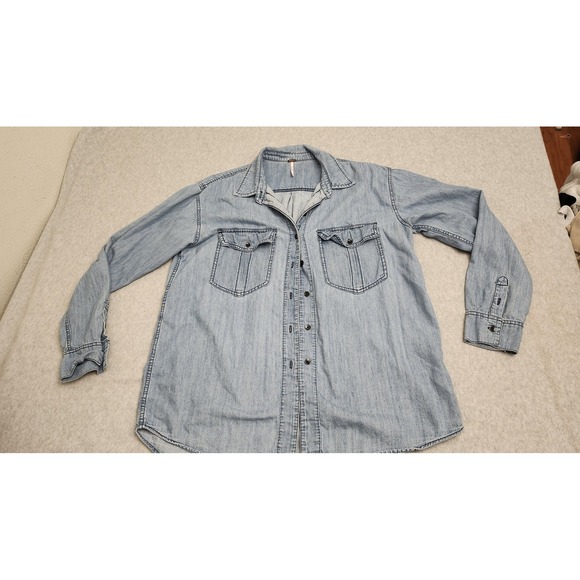 Free People Denim Shirt Womens Medium Blue Chambray Western Button Front - Picture 1 of 16